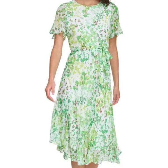DKNY Floral Godet Short Sleeve Fit & Flare Midi Dress - Ivy Green